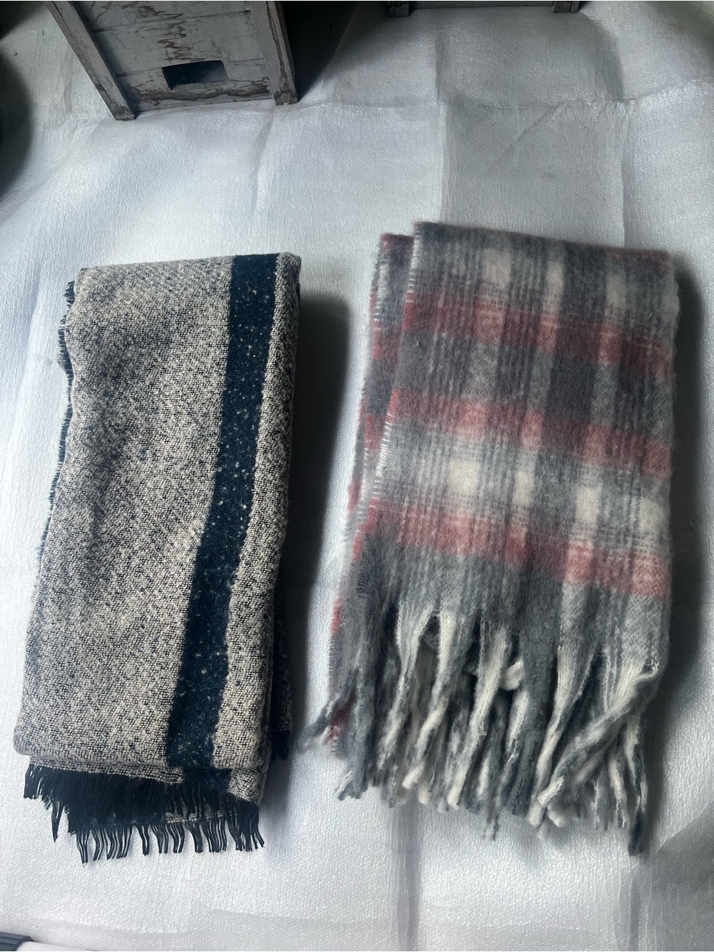 Cozy Gray & Pink Plaid Fringe Scarf + Neutral Gray Stripe Scarf - 2 Pack